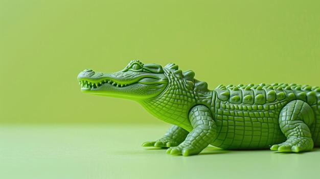 Foto giocattolo di coccodrillo di plastica verde sullo sfondo