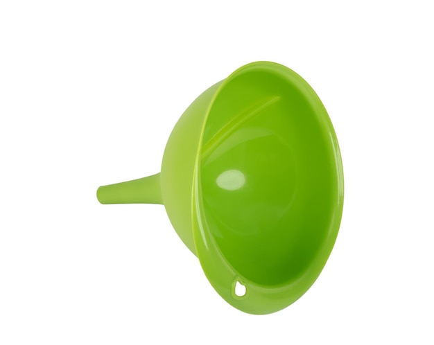 Green plastic kitchen funnel isolated on white background