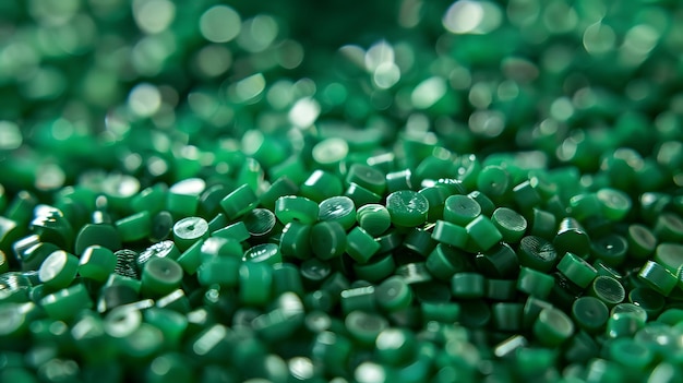 Green plastic pellets Background Closeup Plastic granules Polymer plastic beads resin polymer