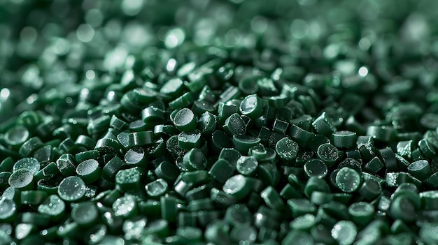 Green plastic pellets Background Closeup Plastic granules Polymer plastic beads resin polymer