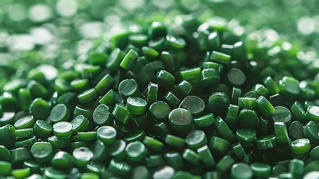 Green plastic pellets Background Closeup Plastic granules Polymer plastic beads resin polymer