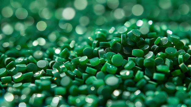 Green plastic pellets Background Closeup Plastic granules Polymer plastic beads resin polymer