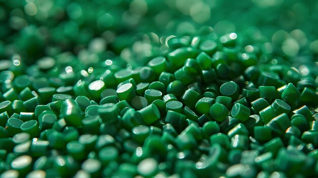 Photo green plastic pellets background closeup plastic granules polymer plastic beads resin polymer