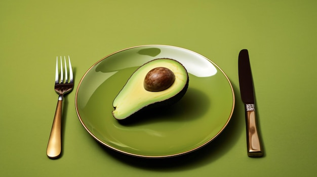 a green plate with avocado a knife and fork