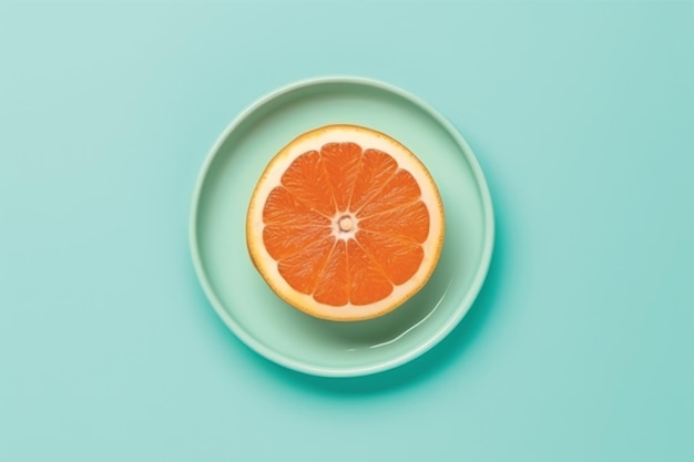 A green plate with an orange on it