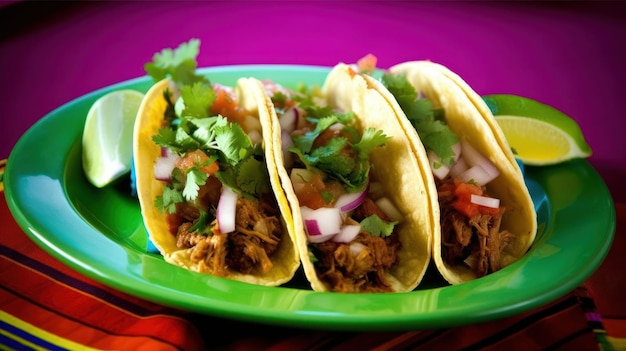 A green plate with three tacos on it with a red and green border.