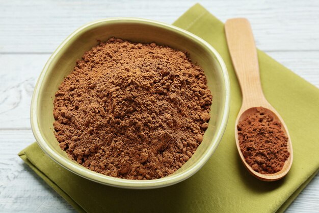 Green plate and wooden spoon with cocoa powder on table