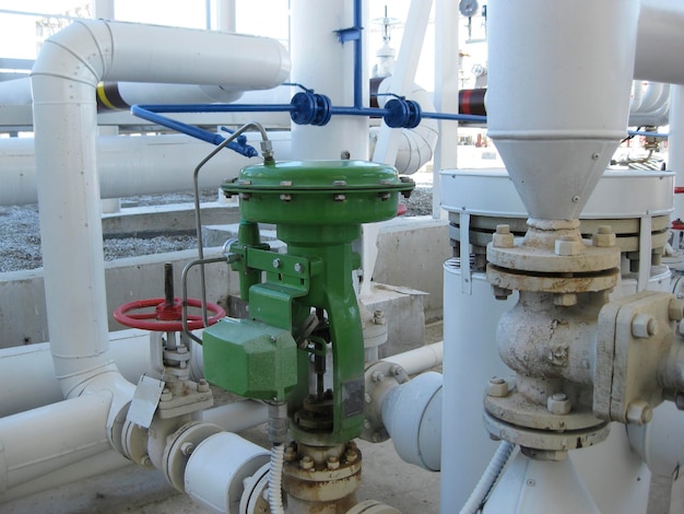 Green pneumatic valve on the pipeline