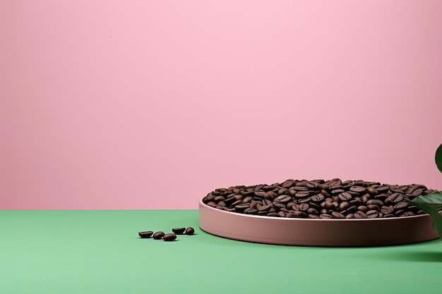 green podium close shot pink backg studio with coffee beans