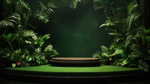 Photo green podium on dark background with tropical plants