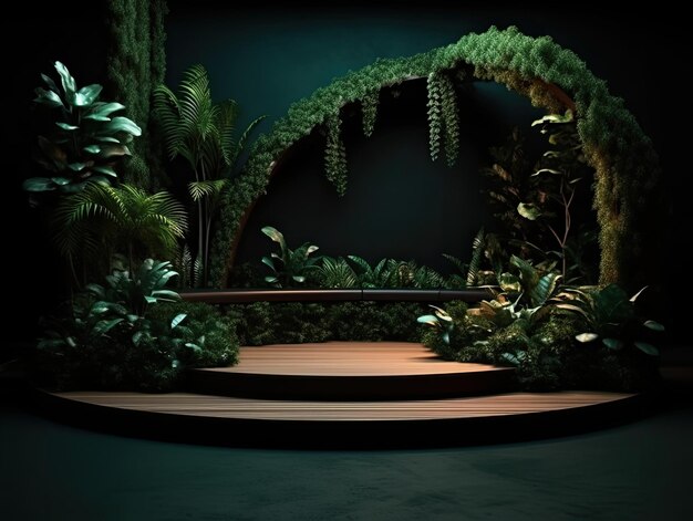 Фото Зеленый подиум на современном тропическом фоне для размещения продукции 3d-рендеринг ai generative