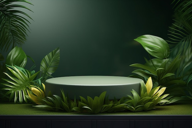 Green podium in the jungle Green background for cosmetic product