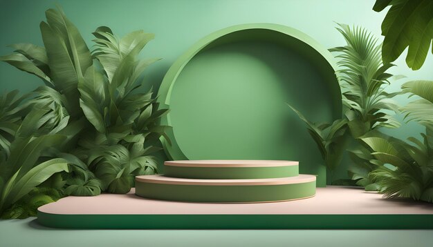 Green podium in modern tropical background for product placement 3d render