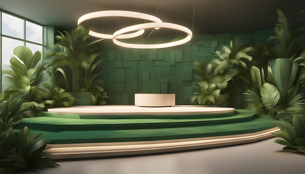 Green podium in modern tropical background for product placement 3d render