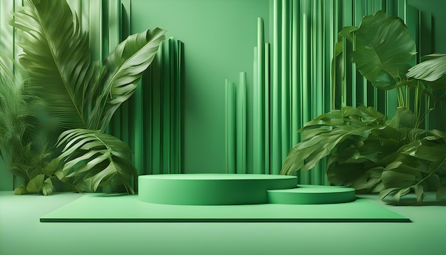 Green podium in modern tropical background for product placement 3d render