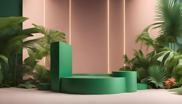 Green podium in modern tropical background for product placement 3d render