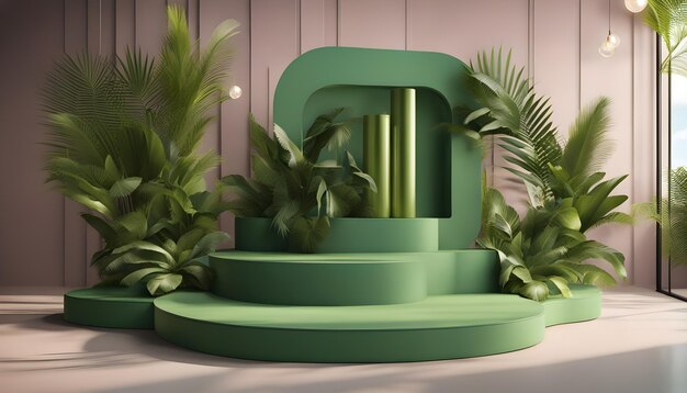 Green podium in modern tropical background for product placement 3d render