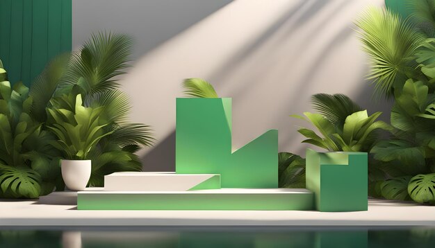 Green podium in modern tropical background for product placement 3d render