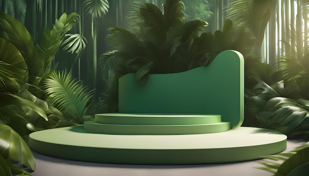 製品配置の 3 d レンダリングのための現代の熱帯背景に緑の表彰台