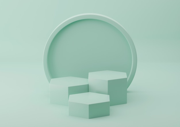 Green podium product for cosmetic display with pastel background. 3D rendering.