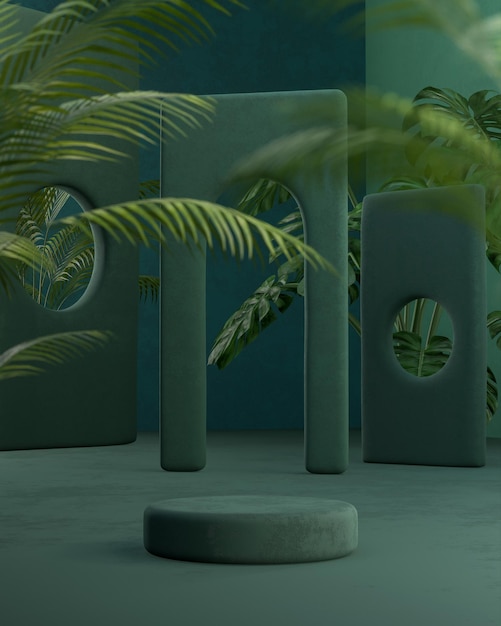 Green podium stage stand tropical forest trees background for product placement 3d render