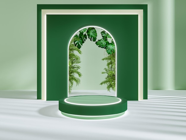 Green podium with naturel background for product display 3d rendering