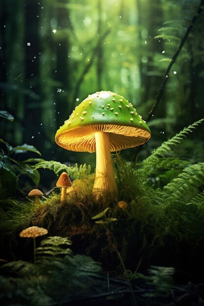 Photo green poisonous mushroom in the forest fantasy mushroom in the forest