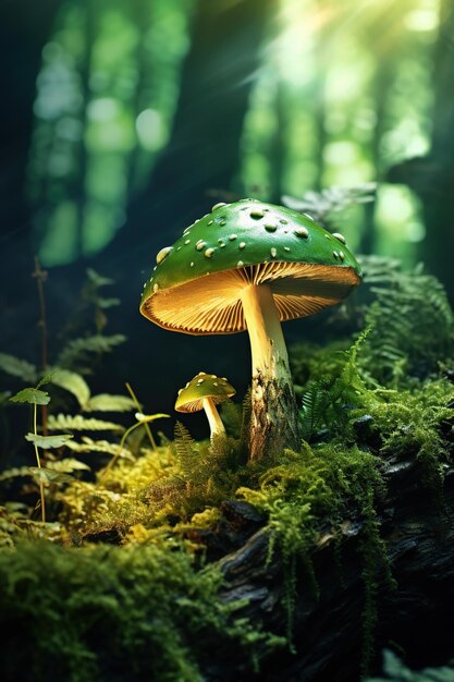 Green poisonous mushroom in the forest Fantasy mushroom in the forest