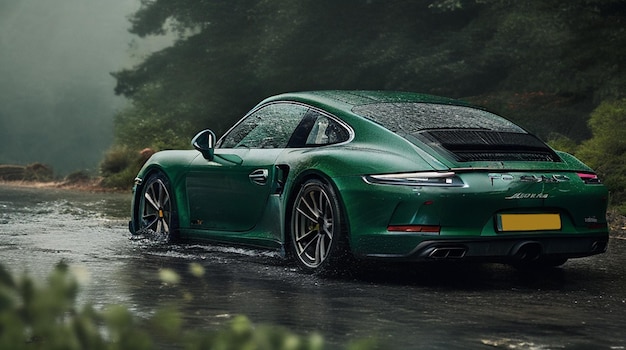 A green porsche 911 with the word porsche on the side.