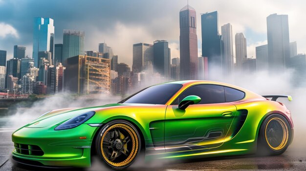 A green porsche with the word porsche on the side