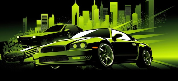 A green poster with a car and a city in the background.