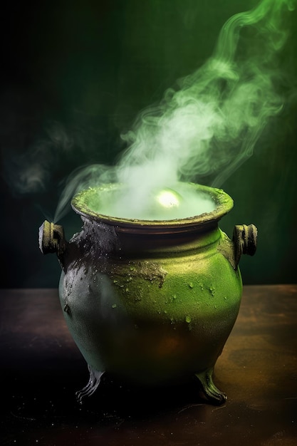 a green pot with smoke coming out of it