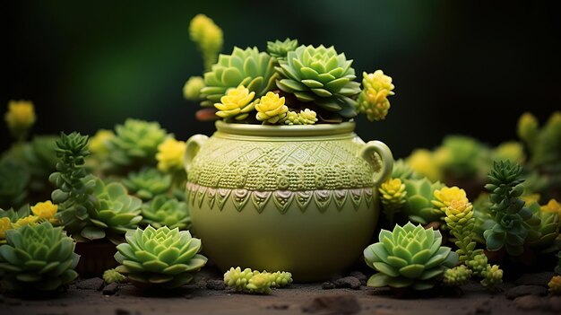 a green pot with a yellow flower on it