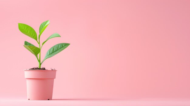 A green potted plant against a soft pink background minimalistic style