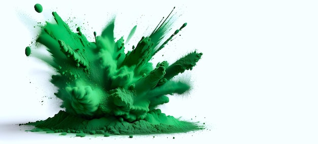 Green powder blast explosion on white background during holi festival