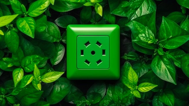 A green power outlet sits among some plants.