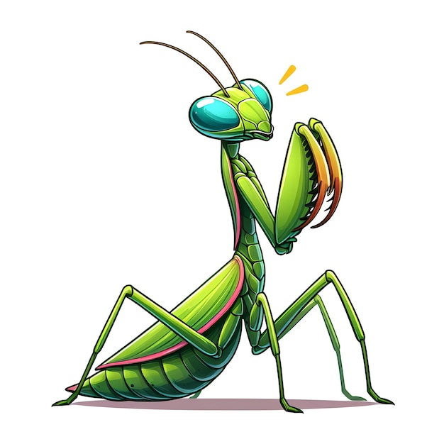 green praying mantis in cartoon style on white background