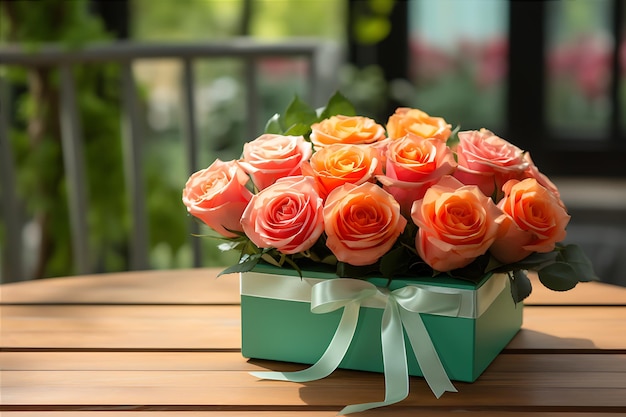 Green Present Box with Roses