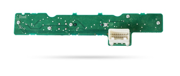 Green printed circuit board with transistors and microchips to control various devices