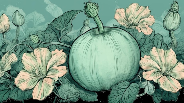 A green pumpkin sits among flowers and leaves.