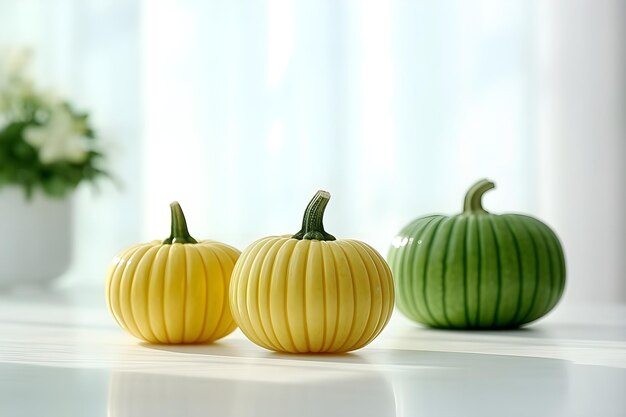 green pumpkins on the white table copyspace minimalism fall Thanksgiving Day generated AI