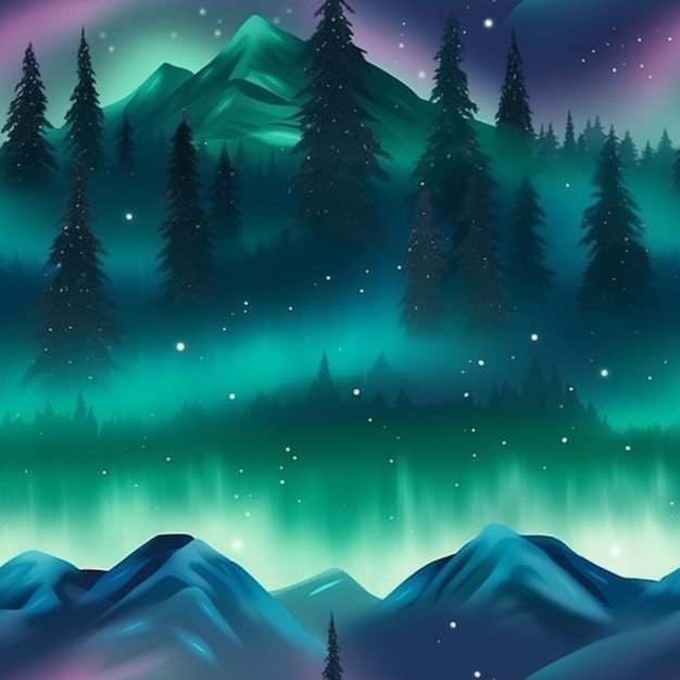 A green and purple aurora bore with trees and mountains generative ai