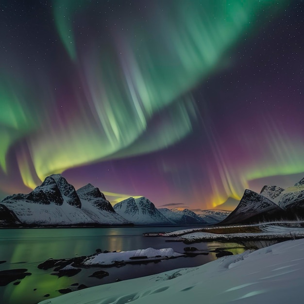 Green and purple aurora borealis over snowy mountains Northern lights in Lofoten islands Norway Starry sky with polar lights