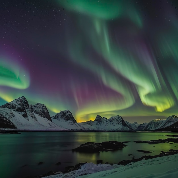 Green and purple aurora borealis over snowy mountains Northern lights in Lofoten islands Norway Starry sky with polar lights