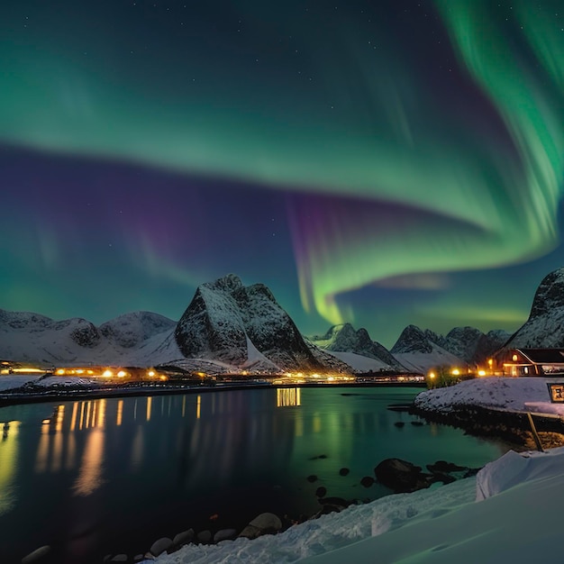 緑色と紫色の北極光は雪の山の上にノルウェーのロフォテン諸島の北方光は極光の星空です