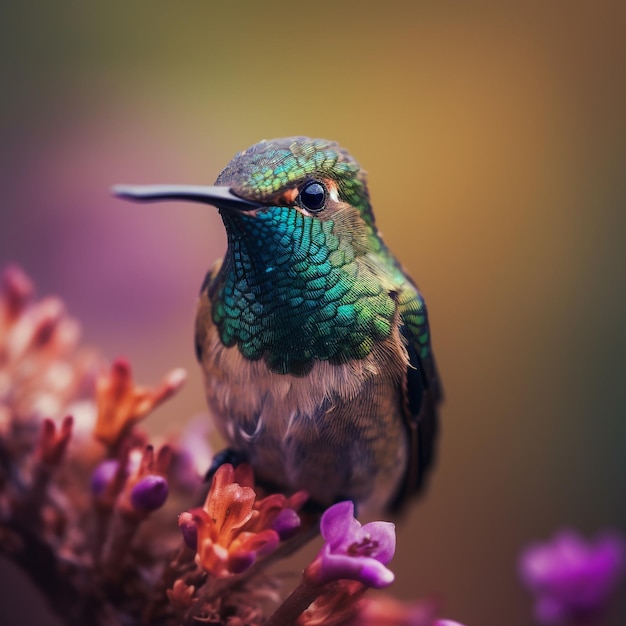 A green and purple bird with a purple flower in the background.