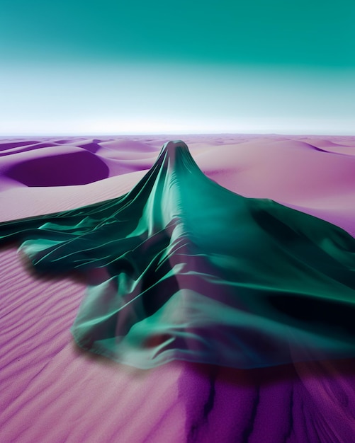 A green and purple fabric in the desert