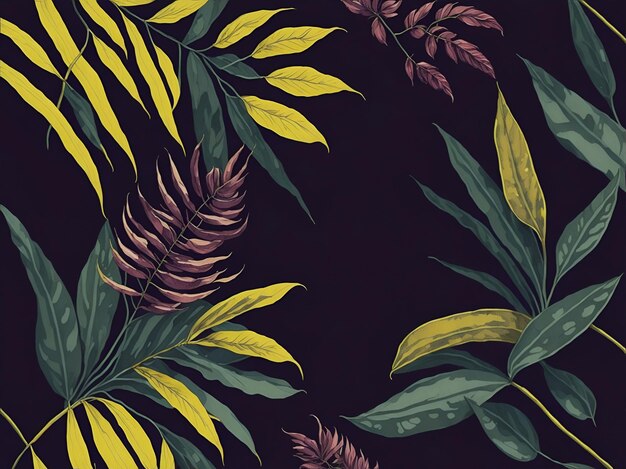 Green and purple leaves on a dark background with copy space