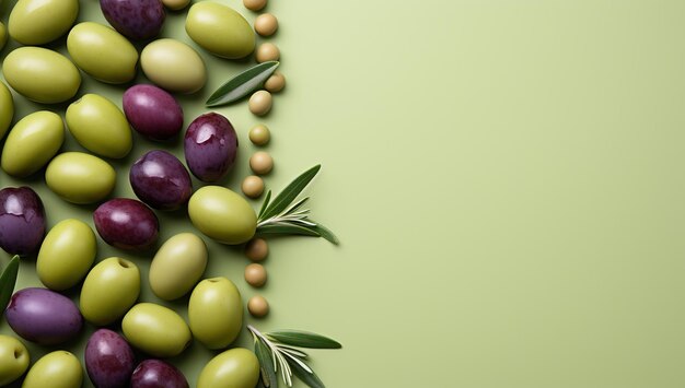 Green and purple olives on a green background with copy space