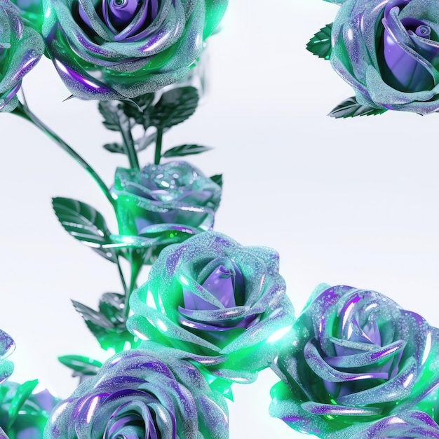 Green Purple Rose Flowers Glitter Super Detail Seamless Background Generative AI